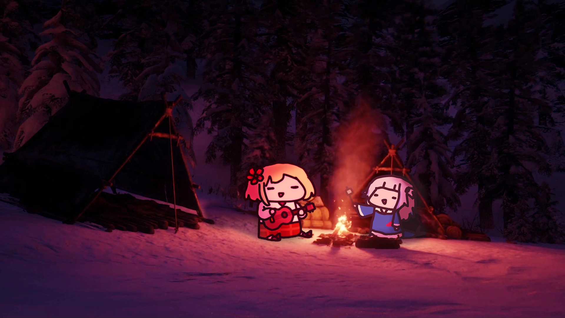 Gawr Gura and Amelia Watson vibing near a campfire live wallpaper