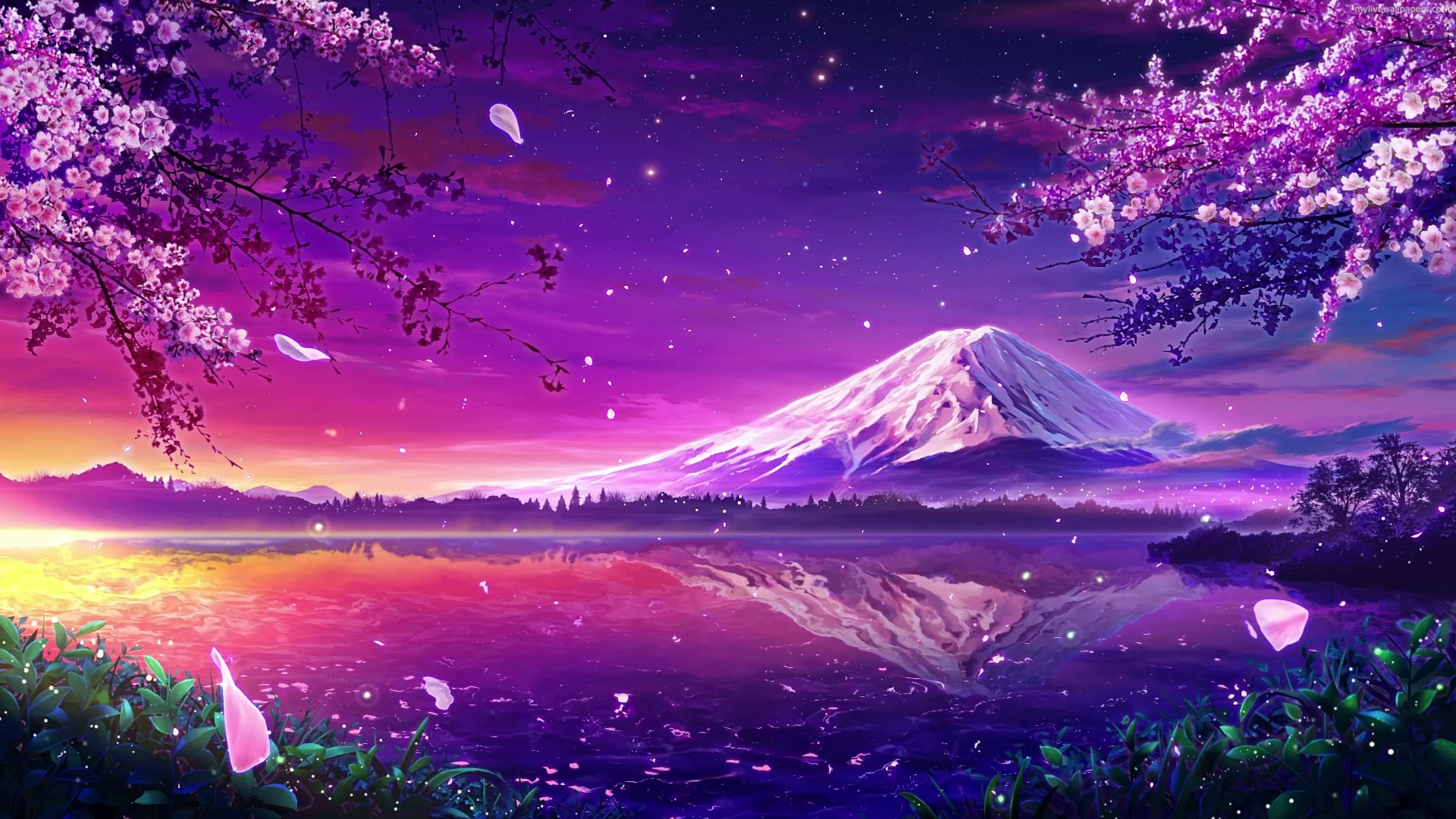 Download 1920x1080 Mount Fuji, Anime Landscape, Cherry Blossom, Petals  Wallpapers for Widescreen